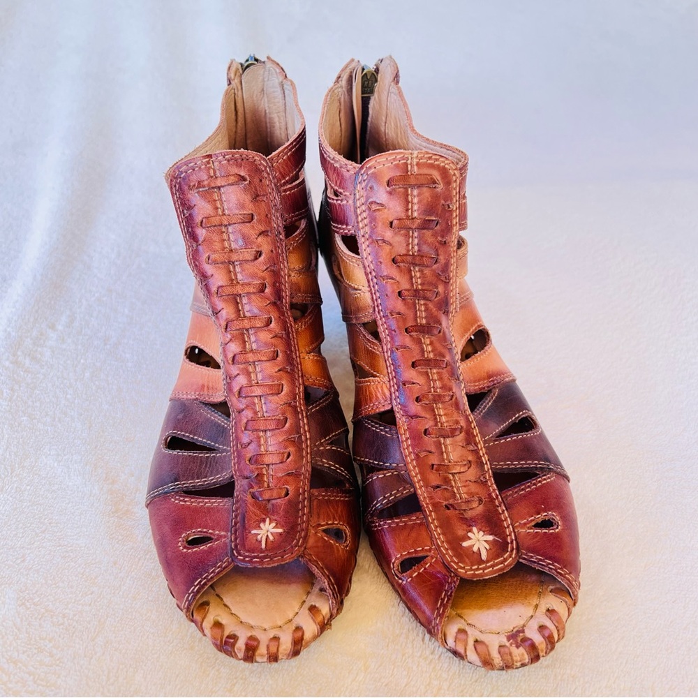 PIKOLINOS WOVEN LEATHER STITCHING 3 COLOR Brown Leather Wedge Sandals SIZE 8.5